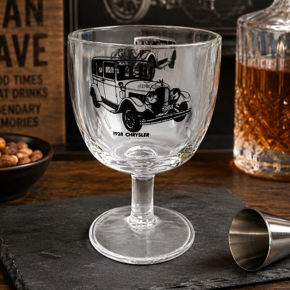 Nostalgic 1928 Chrysler Glass Goblet Vintage Automobile Collectible Gift Barware